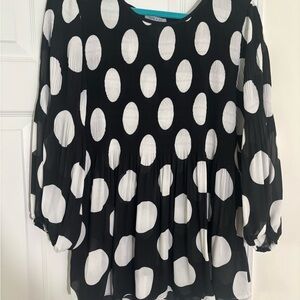 Black & White Polka Dot Long Sleeve Peplum Tunic Top